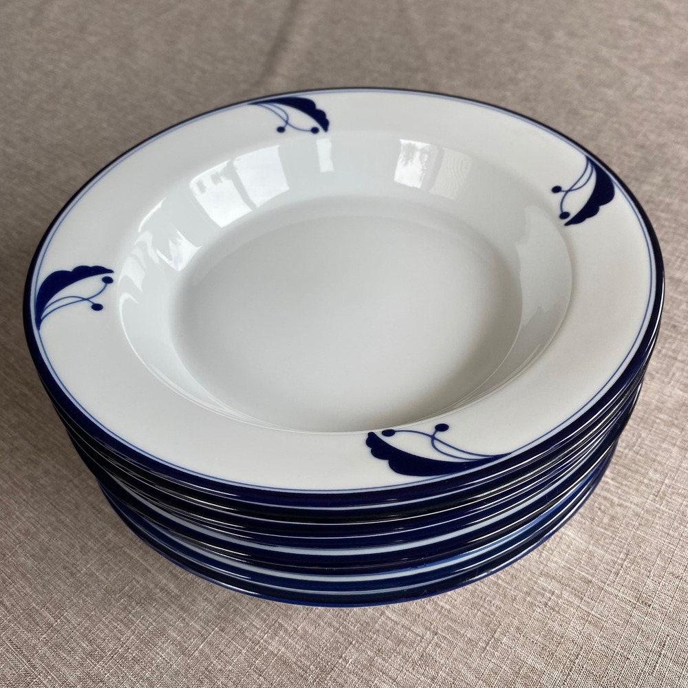 Dansk Flora Bayberry Rimmed 8.75" Floral Soup Bowl Set of 4 Blue White Portugal